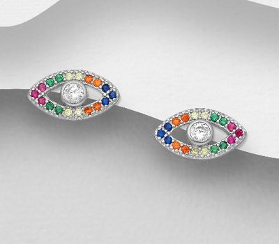 Şəkli böyütmək üçün tiklayın 925 Sterling Silver Eye Push-Back Earrings, Decorated with Colorful CZ Simulated Diamonds, CZ Simulated Diamond Colors may Vary.