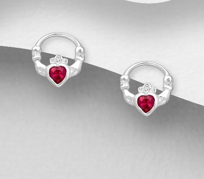 925 Sterling Silver Claddagh Push-Back Earrings, Decorated with CZ Simulated Diamonds