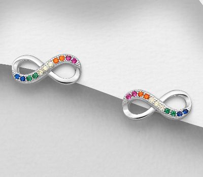 925 Sterling Silver Infinity Push-Back Earrings, Decorated with Colorful CZ Simulated Diamonds, CZ Simulated Diamond Colors may Vary.