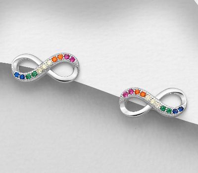 Şəkli böyütmək üçün tiklayın 925 Sterling Silver Infinity Push-Back Earrings, Decorated with Colorful CZ Simulated Diamonds, CZ Simulated Diamond Colors may Vary.