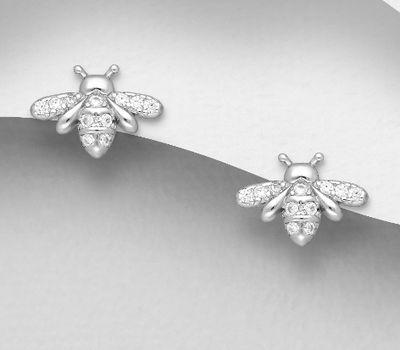 925 Sterling Silver Bee Push-Back Earrings, Decorated with CZ Simulated Diamonds