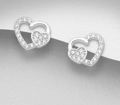 925 Sterling Silver Heart Push-Back Earrings, Decorated with CZ Simulated Diamonds