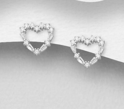 925 Sterling Silver Heart Push-Back Earrings,  Decorated with CZ Simulated Diamonds