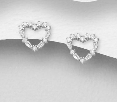 Şəkli böyütmək üçün tiklayın 925 Sterling Silver Heart Push-Back Earrings, Decorated with CZ Simulated Diamonds