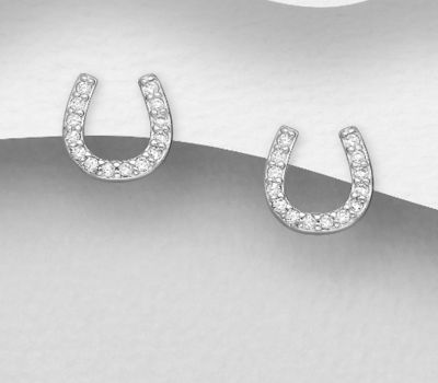 925 Sterling Silver Horseshoe Push-Back Earrings, Decorated with CZ Simulated Diamonds