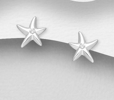 925 Sterling Silver Starfish Push-Back Earrings, Decorated with CZ Simulated Diamonds