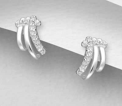 925 Sterling Silver Push-Back Earrings, Decorated with CZ Simulated Diamonds