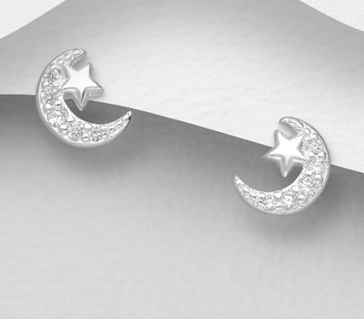 925 Sterling Silver Moon and Star Push-Back Earrings, Decorated with CZ Simulated Diamonds