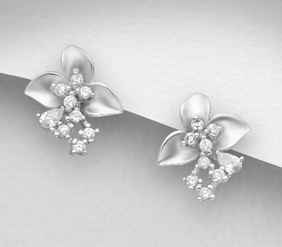925 Sterling Silver Flower Push-Back Earrings Decorated With CZ Simulated Diamonds