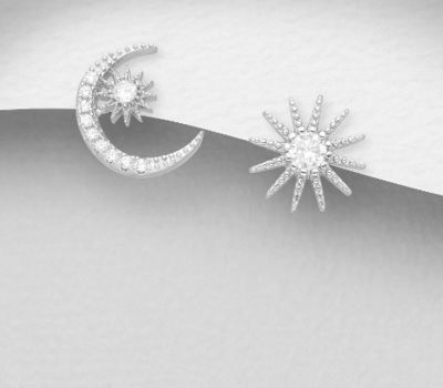 925 Sterling Silver Moon And Star Push-Back Earrings Decorated with CZ Simulated Diamonds