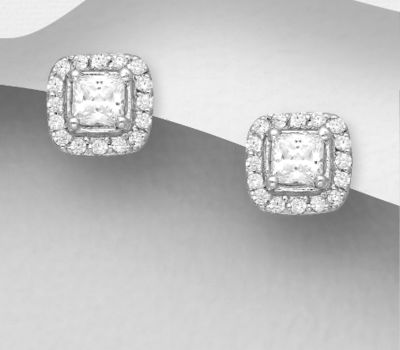 925 Sterling Silver Square Push-Back Earrings, Decorated with CZ Simulated Diamonds