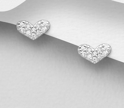 925 Sterling Silver Heart Push-Back Earrings, Decorated with CZ Simulated Diamonds