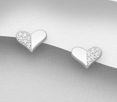 925 Sterling Silver Heart Push-Back Earrings, Decorated with CZ Simulated Diamonds