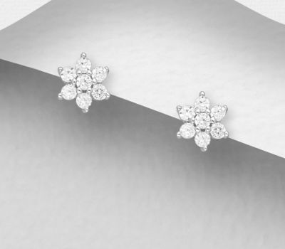 Şəkli böyütmək üçün tiklayın 925 Sterling Silver Flower Push-Back Earrings, Decorated with CZ Simulated Diamonds