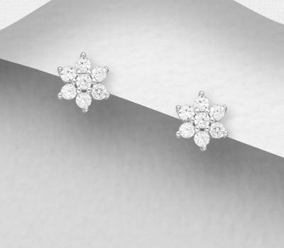 925 Sterling Silver Flower Push-Back Earrings, Decorated with CZ Simulated Diamonds