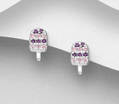 925 Sterling Silver Ice Cream Push-Back Earrings, Decorated with CZ Simulated Diamonds