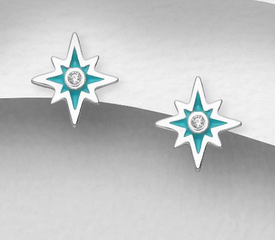 925 Sterling Silver Star Push-Back Earrings, Decorated with Colored Enamel and CZ Simulated Diamonds
