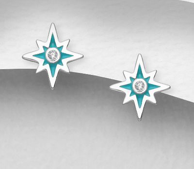 Şəkli böyütmək üçün tiklayın 925 Sterling Silver Star Push-Back Earrings, Decorated with Colored Enamel and CZ Simulated Diamonds
