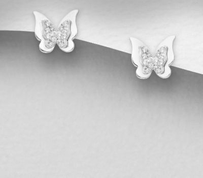 925 Sterling Silver Butterfly Push-Back Earrings,  Decorated with CZ Simulated Diamonds