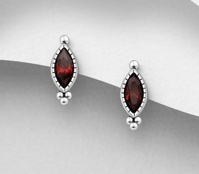 925 Sterling Silver Oxidized Birthstone Marquise Push-Back Earrings, Decorated various Color CZ Simulated Diamonds