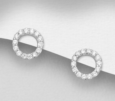 925 Sterling Silver Circle Push-Back Earrings Decorated with CZ Simulated Diamonds