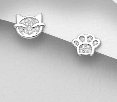 Şəkli böyütmək üçün tiklayın 925 Sterling Silver Cat and Paw Push-Back Earrings, Decorated with CZ Simulated Diamonds