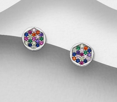 925 Sterling Silver Circle Push-Back Earrings, Decorated with Colorful CZ Simulated Diamonds, CZ Simulated Diamond Colors may Vary.