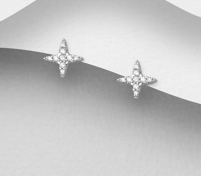 925 Sterling Silver Push-Back Earrings, Decorated with CZ Simulated Diamonds