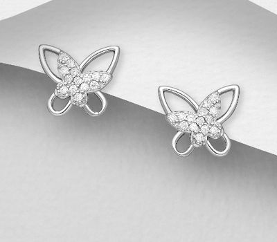 925 Sterling Silver Butterfly Push-Back Earrings, Decorated with CZ Simulated Diamonds