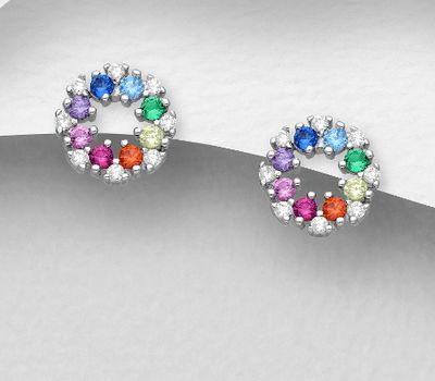 925 Sterling Silver Circle Push-Back Earrings, Decorated with Colorful CZ Simulated Diamonds, Colors may Vary.