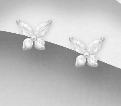 925 Sterling Silver Butterfly Push-Back Earrings, , Decorated with CZ Simulated Diamonds