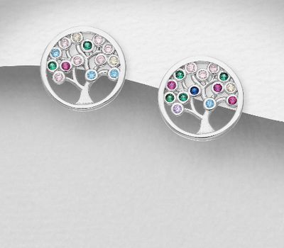 925 Sterling Silver Tree of Life Push-Back Earrings, Decorated with Colorful CZ Simulated Diamonds, CZ Simulated Diamond Colors may Vary.