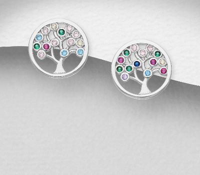 Şəkli böyütmək üçün tiklayın 925 Sterling Silver Tree of Life Push-Back Earrings, Decorated with Colorful CZ Simulated Diamonds, CZ Simulated Diamond Colors may Vary.