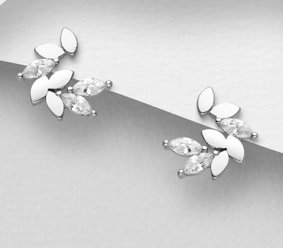 925 Sterling Silver Leaf Push-Back Earrings Decorated with CZ Simulated Diamonds