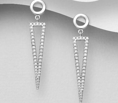 925 Sterling Silver Circle and Triangle Push-Back Earrings, Decorated with CZ Simulated Diamonds