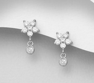 925 Sterling Silver Flower Push-Back Earrings, Decorated with CZ Simulated Diamonds