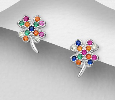 925 Sterling Silver Clover Push-Back Earrings, Decorated with Colorful CZ Simulated Diamonds, Colors may Vary.