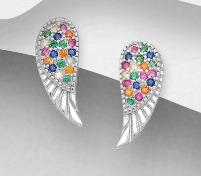 925 Sterling Silver Wings Push-Back Earrings, Decorated with Colorful CZ Simulated Diamonds, CZ Simulated Diamond Colors may Vary.