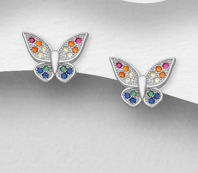 925 Sterling Silver Butterfly Push-Back Earrings, Decorated with Colorful CZ Simulated Diamonds, CZ Simulated Diamond Colors may Vary.