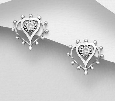 925 Sterling Silver Oxidized Heart Push-Back Earrings Featuring Ball Design, Decorated with CZ Simulated Diamonds