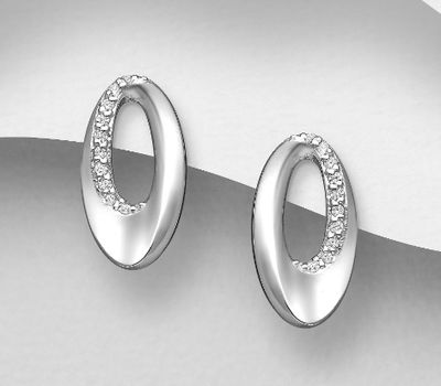 925 Sterling Silver Abstract Oval Push-Back Earrings, Decorated with CZ Simulated Diamonds