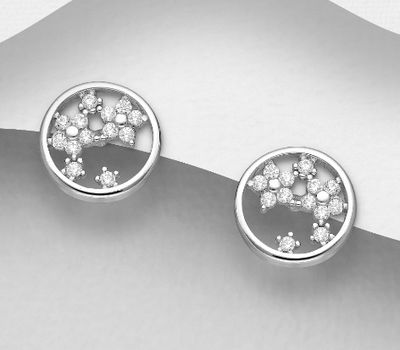 925 Sterling Silver Flower Push-Back Earrings, Decorated with CZ Simulated Diamonds