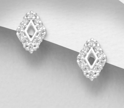 925 Sterling Silver Rhombus Push-Back Earrings, Decorated with CZ Simulated Diamonds