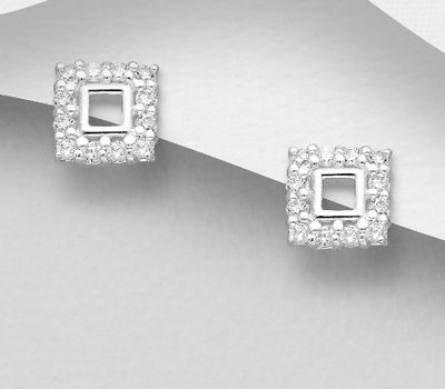 925 Sterling Silver Square Push-Back Earrings, Decorated with CZ Simulated Diamonds