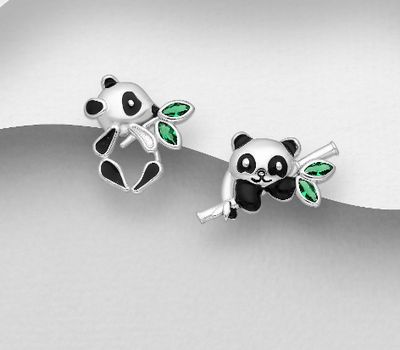 925 Sterling Silver Panda Push-Back Earrings, Featuring Bamboo Design, Decorated with Colored Enamel and CZ Simulated Diamonds