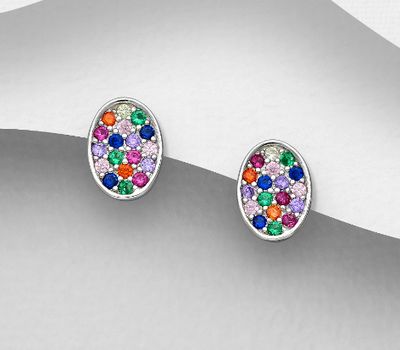 925 Sterling Silver Oval Push-Back Earrings, Decorated with Colorful CZ Simulated Diamonds, CZ Simulated Diamond Colors may Vary.