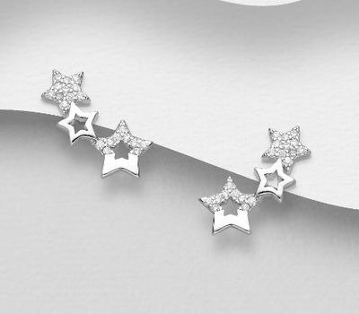 925 Sterling Silver Star Push-Back Earrings, Decorated with CZ Simulated Diamonds