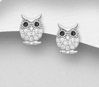 925 Sterling Silver Owl Push-Back Earrings, Decorated with CZ Simulated Diamonds