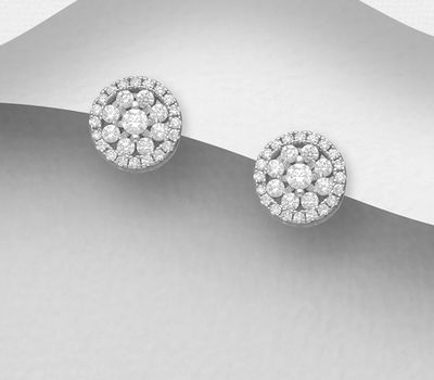 925 Sterling Silver Circle Push-Back Earrings, Decorated with CZ Simulated Diamonds