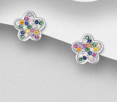 925 Sterling Silver Flower Push-Back Earrings, Decorated with Colorful CZ Simulated Diamonds